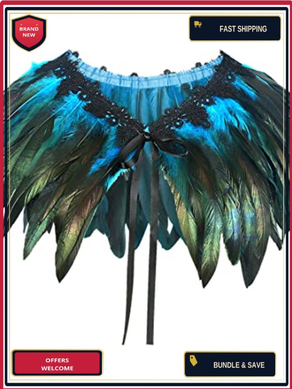 Handmade Feather Collar Cape Shawl Gothic Witch Raven Costume Wrap